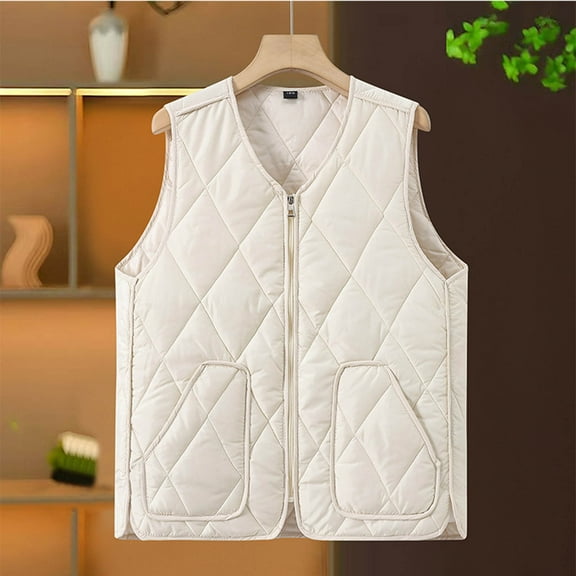 Womens Lightweight Quilted Puffer Vests Padded Zip up Sleeveless Jacket Oversized Waistcoat Outerwear with Pockets New White XXL