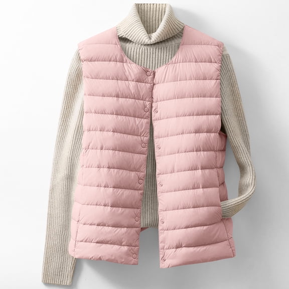 Womens Lightweight Quilted Vests Sleeveless Puffer down Jacket Crew Neck Snap Button Coat Fall Winter Warm Outerwear New Light Weight Jackets Womens Plus Size Pinky XL