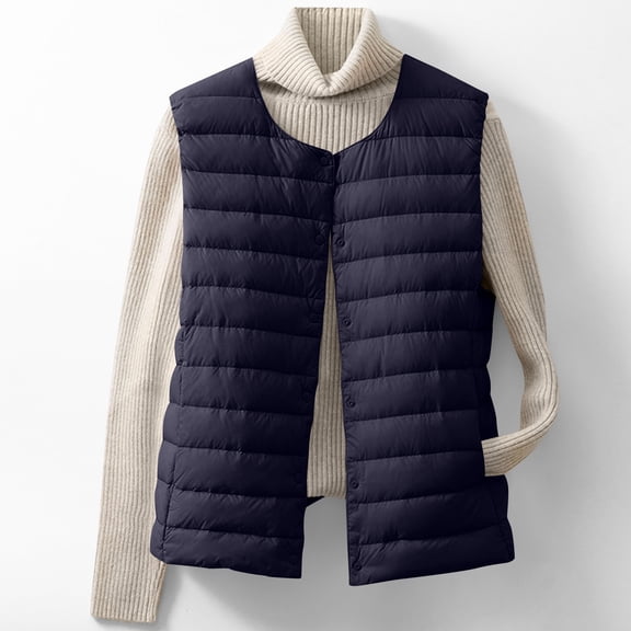 Womens Lightweight Quilted Vests Sleeveless Puffer down Jacket Crew Neck Snap Button Coat Fall Winter Warm Outerwear New Womens Puffer Vests Navy L