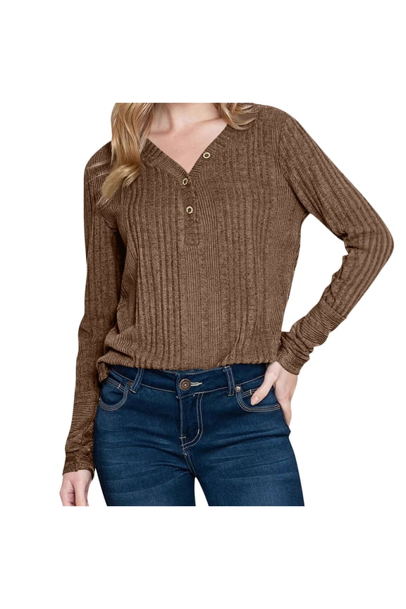 Womens Lightweight Rib-knit Sweaters Buttons V Neck Long Sleeve Solid Color Casual Pullover Fall Winter Tops (3XL, Brown)