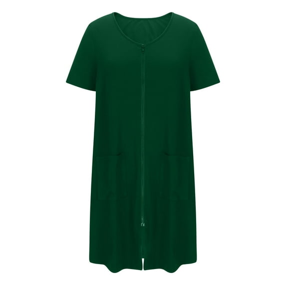 Womens Lightweight Sleep Shirts New Women Zipper Front House Coat Short Sleeves Robe Bathrobes Lightweight Knee Length Short House Dress Greeny M
