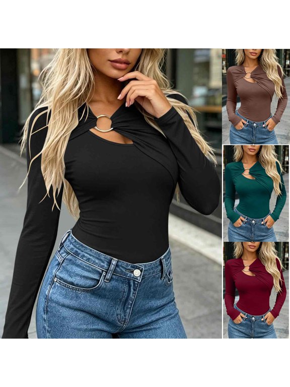 Womens Lightweight Stretch T Shirts Asymmetric Crossover Ring Long Sleeve Blouses Crew Neck Slim Fit Elegant Tops for Casual Dressy Nightout Daily, Black, XXL
