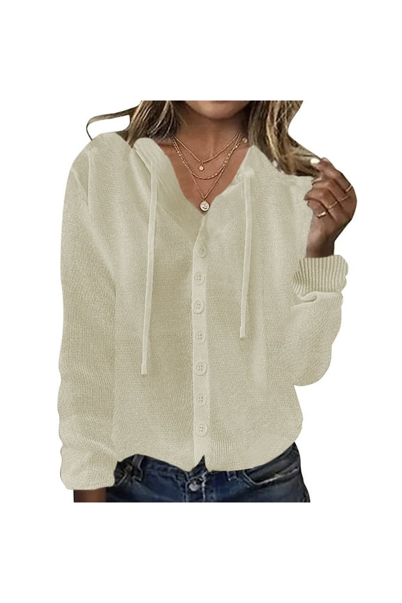 Womens Lightweight Sweater Cardigans Button Up Soft Knit Hooded Outerwear Casual Sweatshirt Knitwear (L, Beige)
