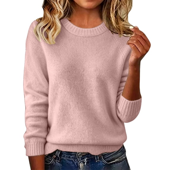 Womens Lightweight Sweaters Crew Neck Long Sleeve Ribbed Knit Tops Casual Loose Fit Sweater Dressy Business Fall Outfits Soft Jumper Sweaters Womens Fashion Clothing(Pink,L)