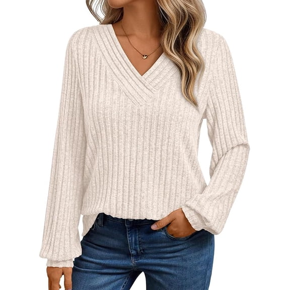 Womens Lightweight Sweaters ,Ribbed Pullover T-Shirt V-Neck Loose Long Sleeve Top
