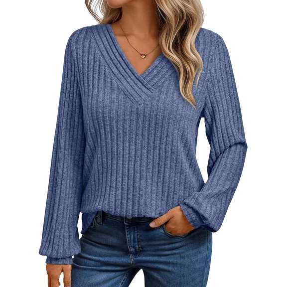 Womens Lightweight Sweaters ,Ribbed Pullover T-Shirt V-Neck Loose Long Sleeve Top