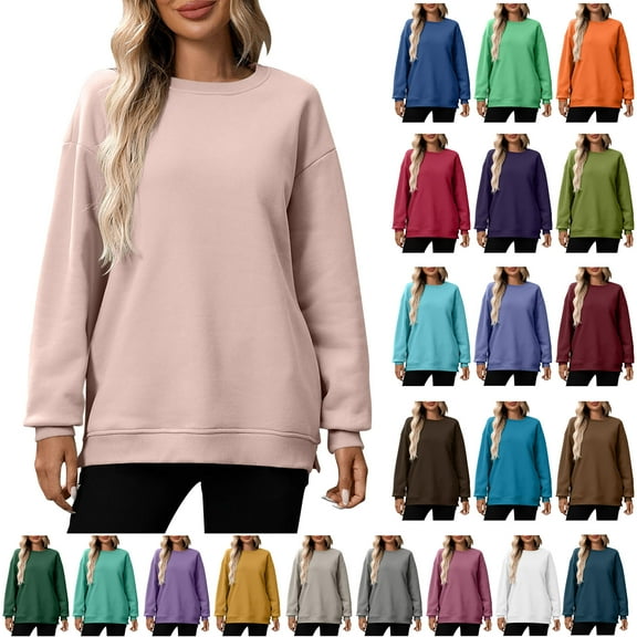 Womens Lightweight Sweatshirt Casual Loose Shirts Long Sleeve Crew Neck Solid Color Casual Tunic Sweatshirt Pullover Blouse Pink M