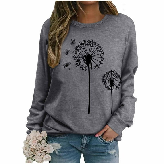 Womens Lightweight Sweatshirts Crewneck Pullover Tops Loose Casual Graphic Dandelion Printed Long Sleeve Fall Shirt (S, Gray 02)