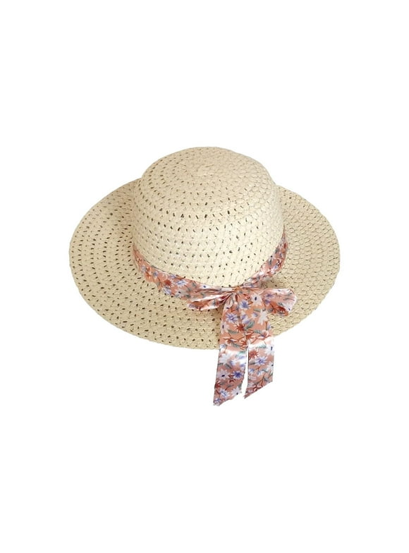 Womens Lightweight Tan Straw Summer Sun Hat Wide Brim w/ Pink Floral Ribbon