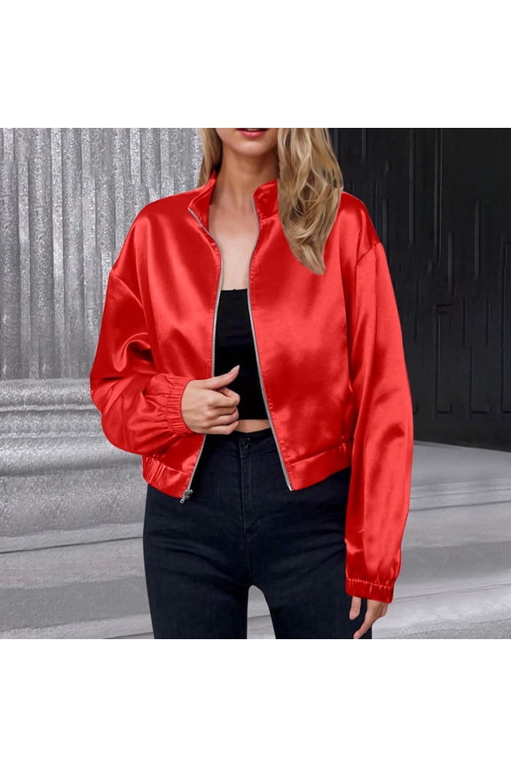 Womens Lightweight Thin Satin Jacket Zip-Up Windbreaker for All Seasons Red S