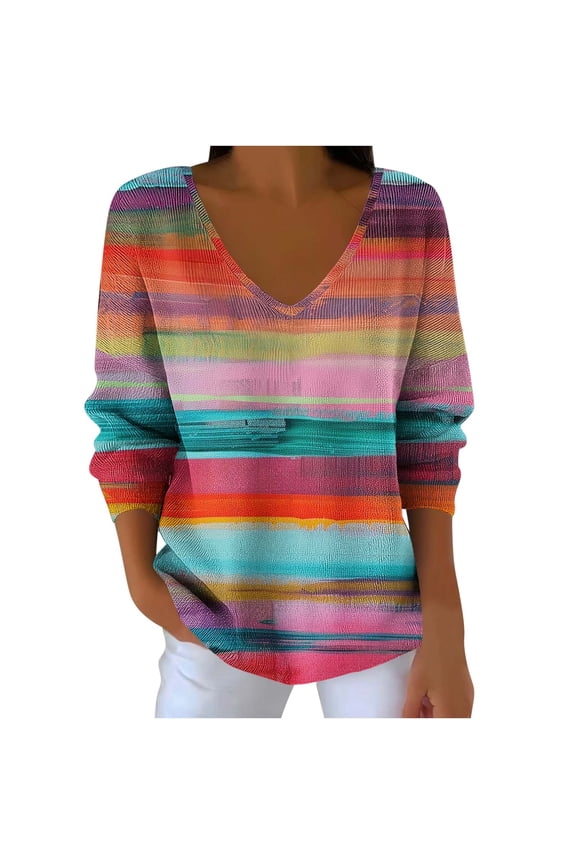 Womens Lightweight V Neck Sweaters Multicolor Striped Long Sleeve Pullover Loose Casual Rainbow Plus Size Tops (2XL, Multicolor)