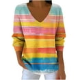thumbnail image 1 of Womens Lightweight V Neck Sweaters Multicolor Striped Long Sleeve Pullover Loose Casual Rainbow Plus Size Tops (5XL, Yellow), 1 of 3