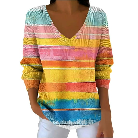 Womens Lightweight V Neck Sweaters Multicolor Striped Long Sleeve Pullover Loose Casual Rainbow Plus Size Tops (5XL, Yellow)