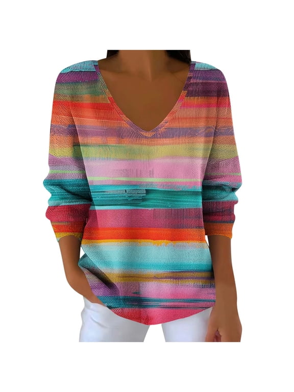 Womens Lightweight V Neck Sweaters Multicolor Striped Long Sleeve Pullover Loose Casual Rainbow Plus Size Tops (XL, Multicolor)