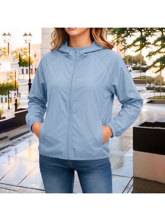 Womens Lightweight Waterproof Rain Jacket, Wind Resistant Hooded Packable Windbreaker With Storage Pocket Light Blue L
