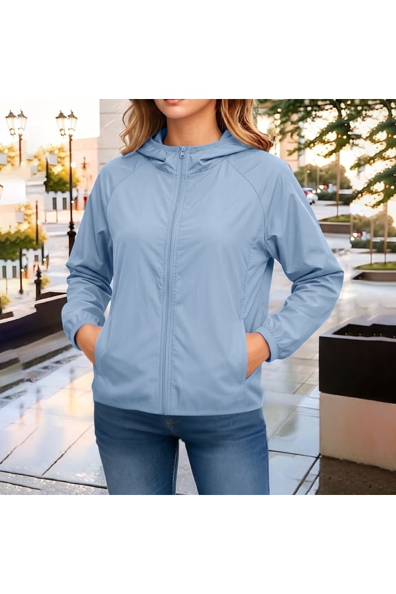 Womens Lightweight Waterproof Rain Jacket, Wind Resistant Hooded Packable Windbreaker With Storage Pocket Light Blue XXL