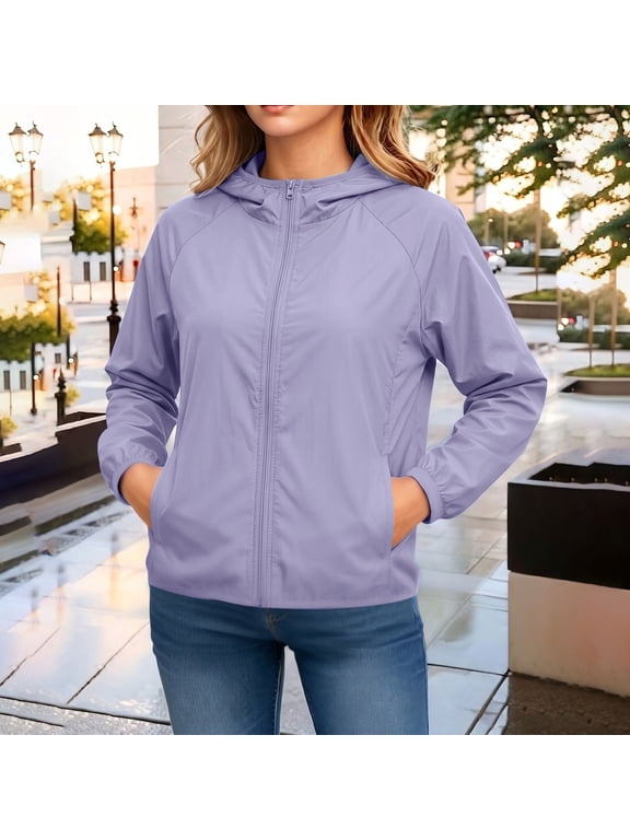 Womens Lightweight Waterproof Rain Jacket, Wind Resistant Hooded Packable Windbreaker With Storage Pocket Purple L
