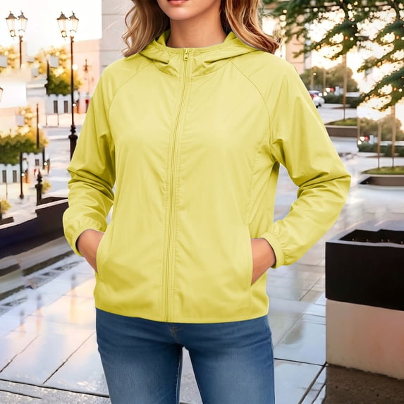 Womens Lightweight Waterproof Rain Jacket, Wind Resistant Hooded Packable Windbreaker With Storage Pocket Yellow M