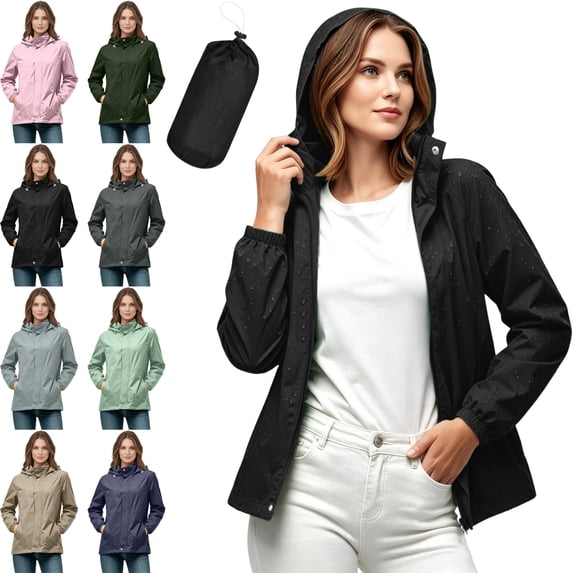 Womens Lightweight Windbreaker Water Resistant Hooded Packable Long Sleeve Outdoor Rain Jacket with Pockets