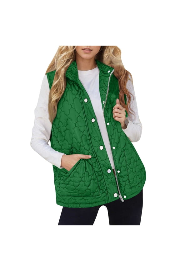 Womens Lightweight Winter Vest Warm Zip-Up Quilted Sleeveless Padded Jackets Snap Fall Casual Outerwear Coat Green, 3XL