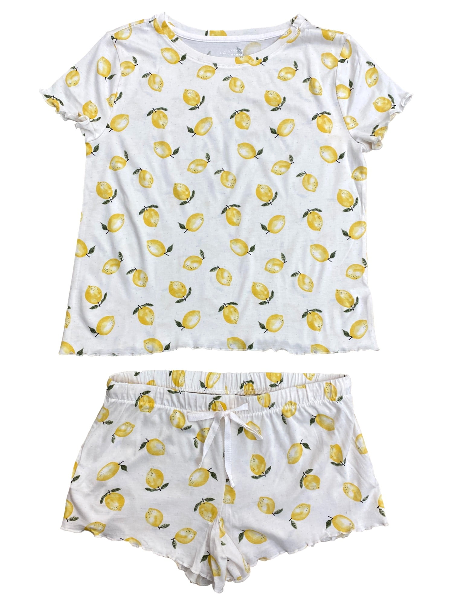 Womens Lightweight Yellow Lemon Pajamas Shorts Tee Shirt Sleep Set Small