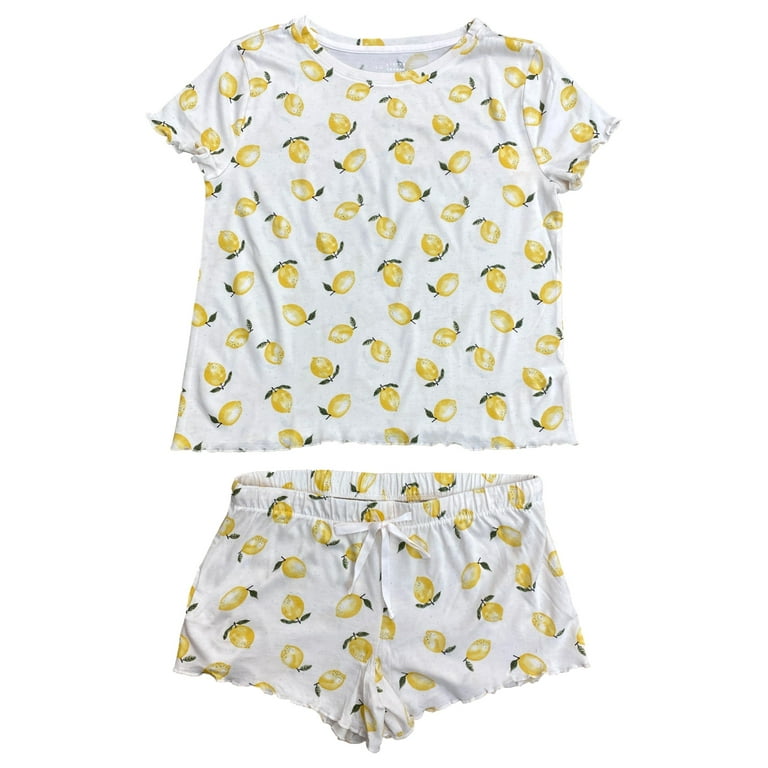 Womens Lightweight Yellow Lemon Pajamas Shorts Tee Shirt Sleep Set Small