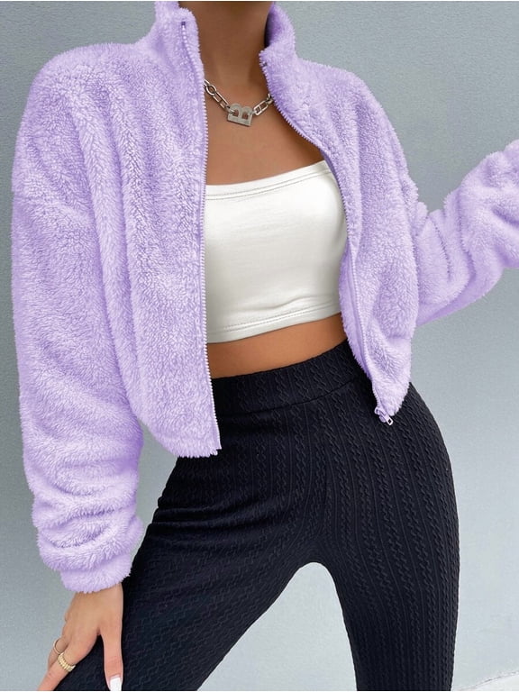 Womens Lilac Purple Drop Shoulder Zip Up Fleece Jacket