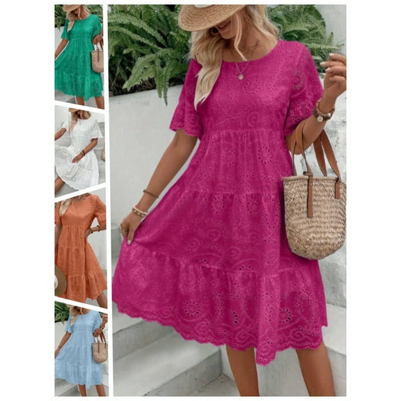 Womens Lined Embroidered Lace Eyelet 3/4 Trumpet Sleeve V Neck Half Button Swing A Line Mini Dresses