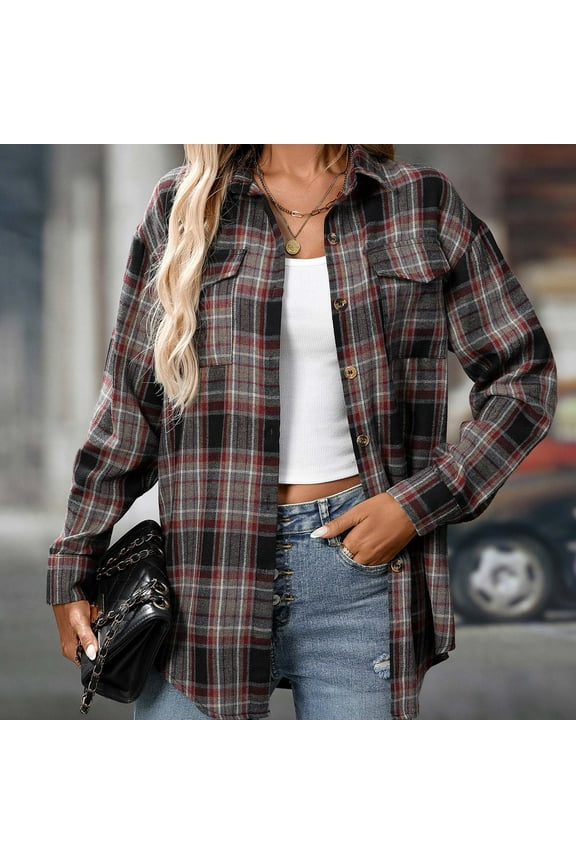 Womens Lined Flannel Jacket with Hand Pockets Casual Lapel Button Pocket Plaid Long Sleeved Shirt Top Jacket Trench Coat Winter Clothing with Pockets Khaki,S