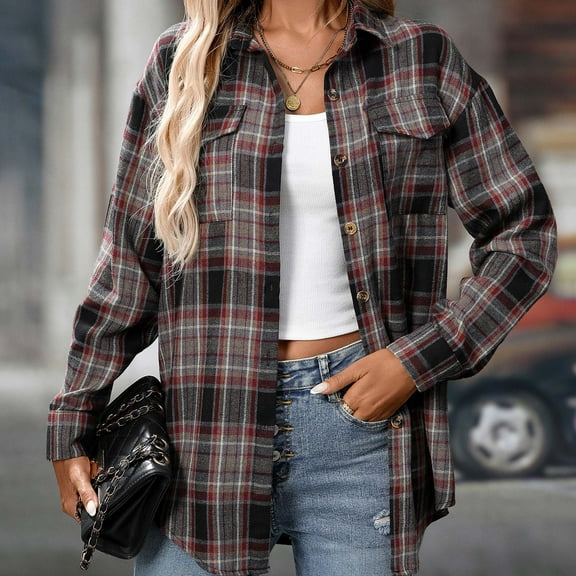 Womens Lined Flannel Jacket with Hand Pockets Casual Lapel Button Pocket Plaid Long Sleeved Shirt Top Jacket Trench Coat Winter Clothing with Pockets Khaki,S