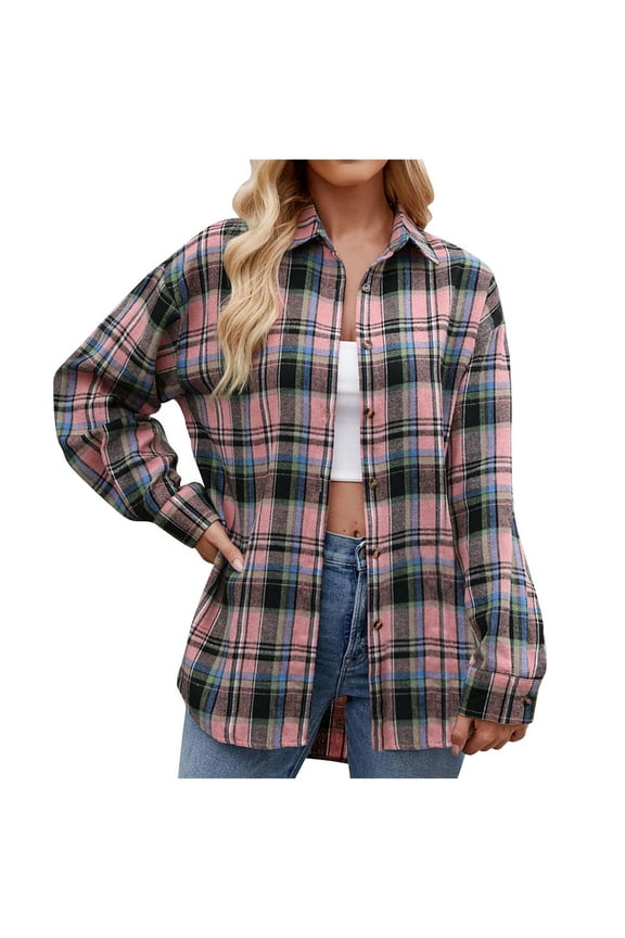 Womens Lined Flannel Jacket with Hand Pockets Casual Lapel Button Pocket Plaid Long Sleeved Shirt Top Jacket Shirt 2025 Fall Coat Tops Pink,L