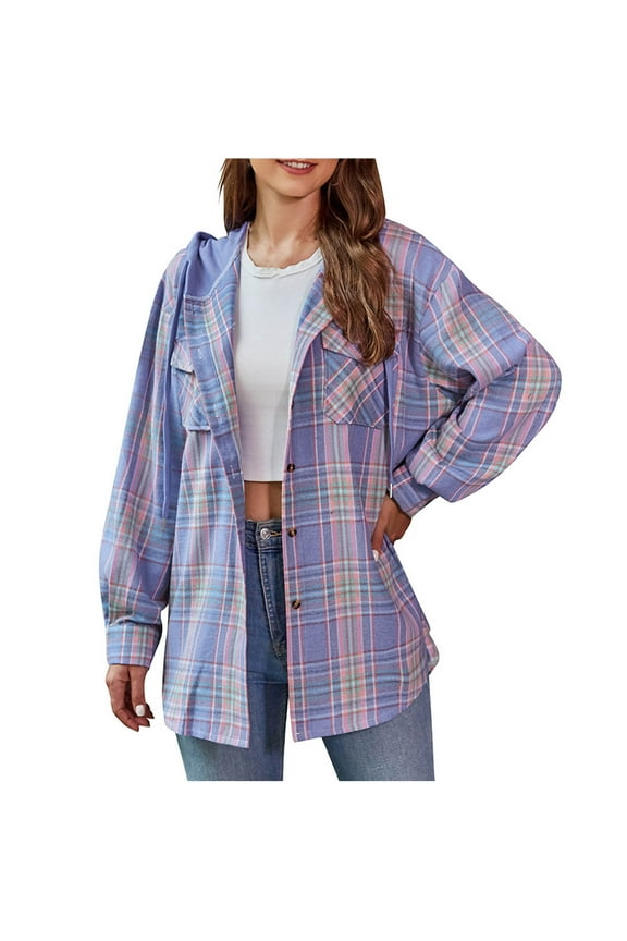 Womens Lined Flannel Jacket with Hand Pockets, Plaid Button Down Fuzzy Shirt Jackets Purple,M