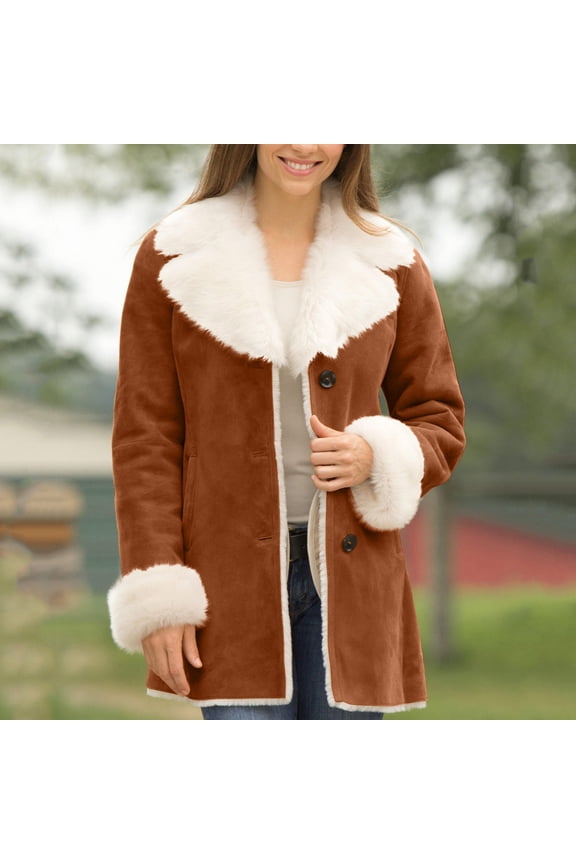 Womens Lined Jackets Lapel Collar Suede Coats Button Down Peacoat Winter Warm Outwear With Pockets Winter Trench Coat Women Long Womens Fall Coat plus Size Women plus Size Coat plus Size Ski Coats for