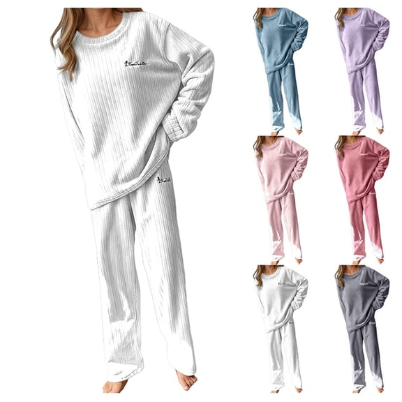 Womens Lined Pajamas 2 Piece Set Flannel Ribbed Oversized Tops and Bottom Set Long Sleeve Winter Warm Sleepwear White One Size