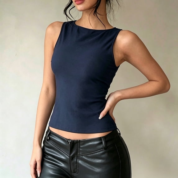 Womens Lined Sleeveless Tank Tops Women's Bow Tie Open Back Tank Top Sleeveless Boat Neck Cut Out Crop Tops(Navy,XXL)