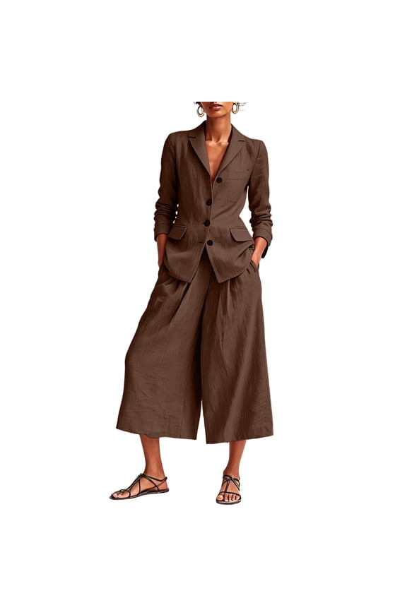 Womens Linen 2-Piece Business Suit Set Long Sleeve Single Button Blazer & Wide Leg Cropped Pants