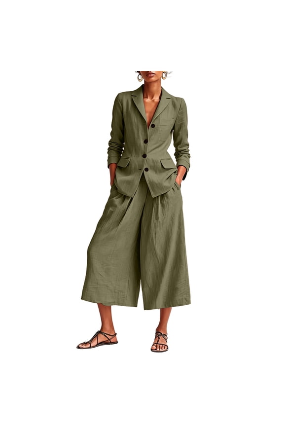 Womens Linen 2-Piece Business Suit Set Long Sleeve Single Button Blazer & Wide Leg Cropped Pants
