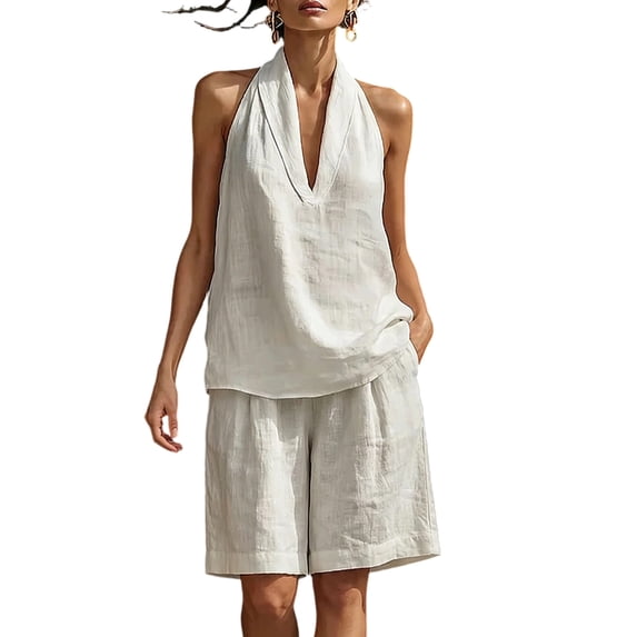 Womens Linen 2 Piece Outfits Lightweight Shorts Set Loose Halter V Neck Sleeveless Summer Business Casual Sets