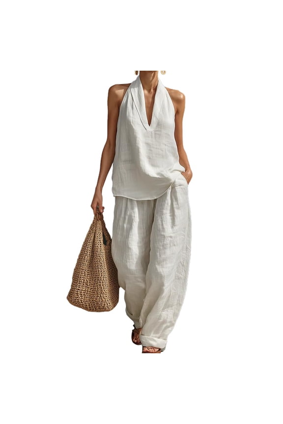 Womens Linen 2 Piece Set Halter V Neck Sleeveless Top Wide Leg Pant Sets Casual Lounge Outfits
