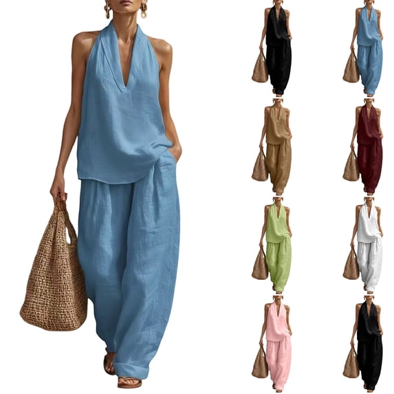 Womens Linen 2 Piece Sets Fashion Sleeveless V Neck Halter Top Matching Baggy Wide Leg Pants Set Summer Casual Outfits,Sky Blue XL