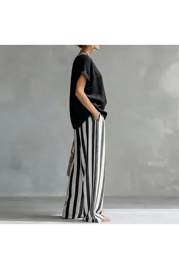 Womens Linen 2 Piece Sets Short Sleeve T Shirts Striped Wide Leg Pants Matching Lounge Set Summer Loose Casual Outfits
