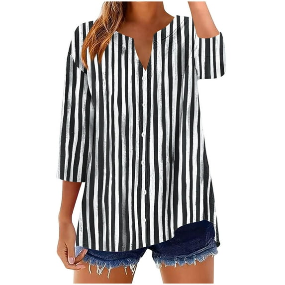 Womens Linen 3/4 Sleeve Shirts Button Up V Neck Tops Graphic Printed Tees Blouses Spring Summer Fall Clothes (S, Black)