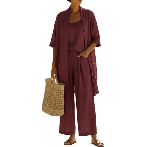 Womens Linen 3 Piece Outfits, Long Cardigan Spaghetti Strap Tank Top Wide Leg Pants Summer Lounge Sets with Pockets,Deep Red,XL