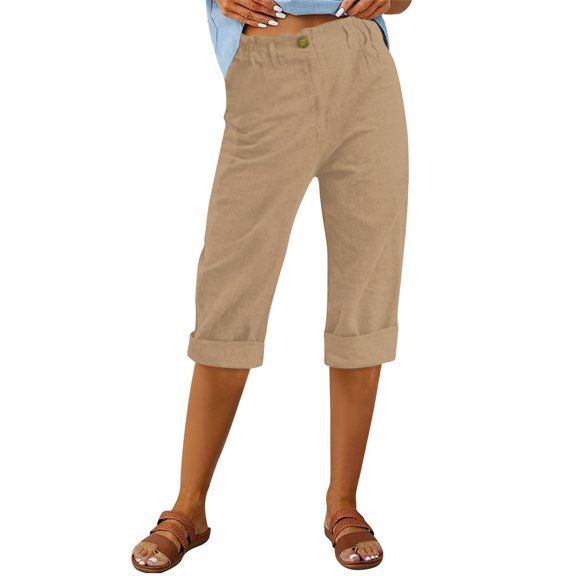 Womens Linen Back Trousers Casual Elastic Pants Drawstring Cotton Pants Waist Pants