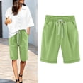 thumbnail image 1 of Womens Linen Bermuda Shorts Elastic Waist Drawstring Knee Length Shorts Summer Pants for Women Green XL, 1 of 5