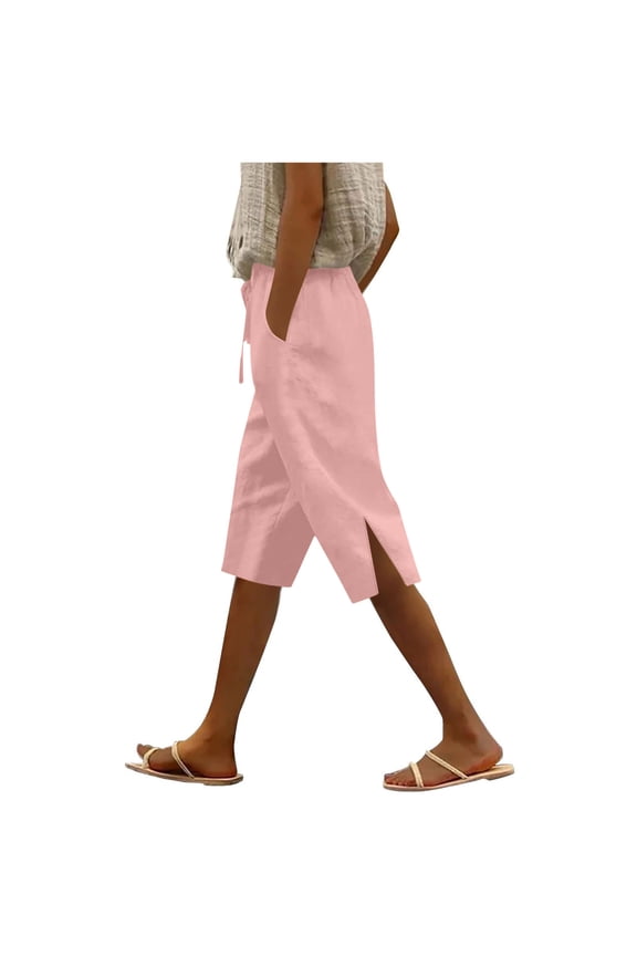 Womens Linen Bermuda Shorts Knee Length Summer Casual Beach Elastic Waisted Side Split Shorts with Pockets