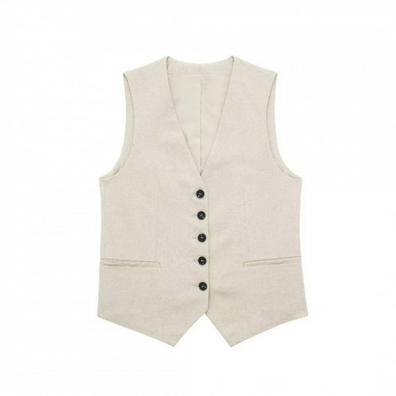 Womens Linen Blazer Vest Dressy Casual Crop Suit Vest Sleeveless Trendy Waistcoat Tops Business Work Office Clothes Beige, M