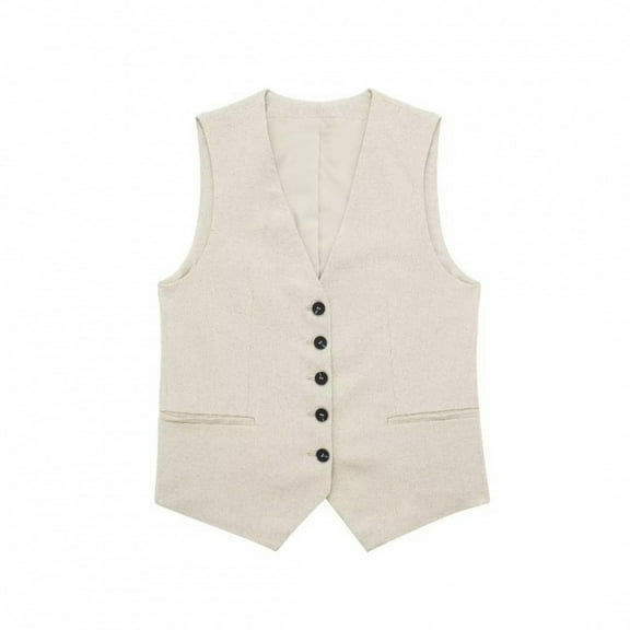 Womens Linen Blazer Vest Dressy Casual Crop Suit Vest Sleeveless Trendy Waistcoat Tops Business Work Office Clothes Beige, XS