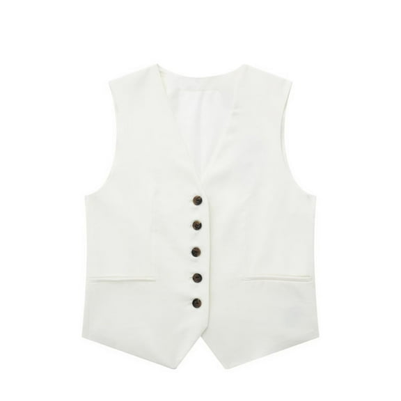 Womens Linen Blazer Vest Dressy Casual Crop Suit Vest Sleeveless Trendy Waistcoat Tops Business Work Office Clothes White, L