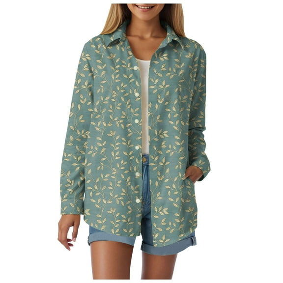 Womens Linen Blend Button Down Blouse - Floral Print Long Sleeve Hawaiian Shirt for Beach